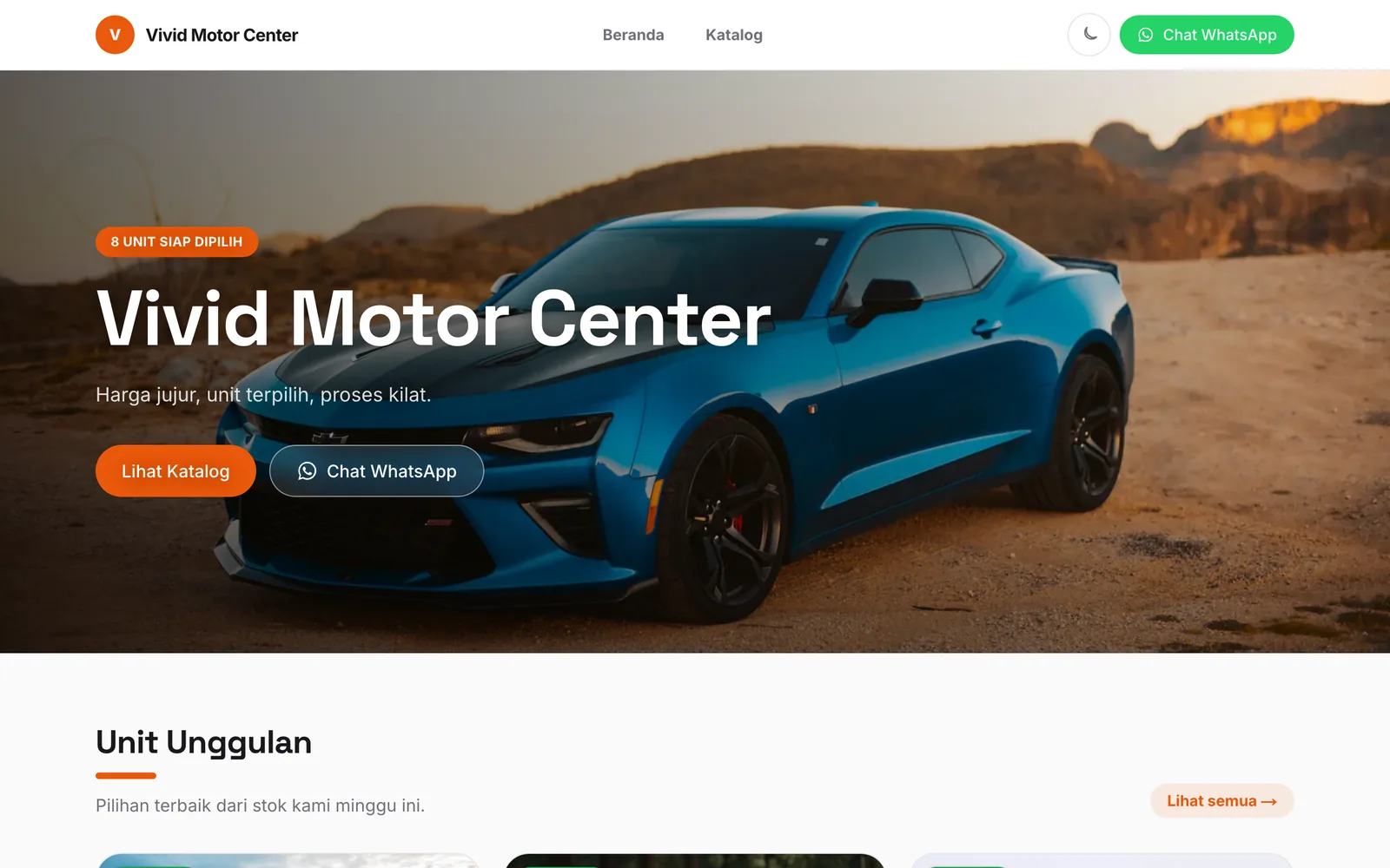 Tampilan beranda template Vivid — Berani, oranye, penuh energi.